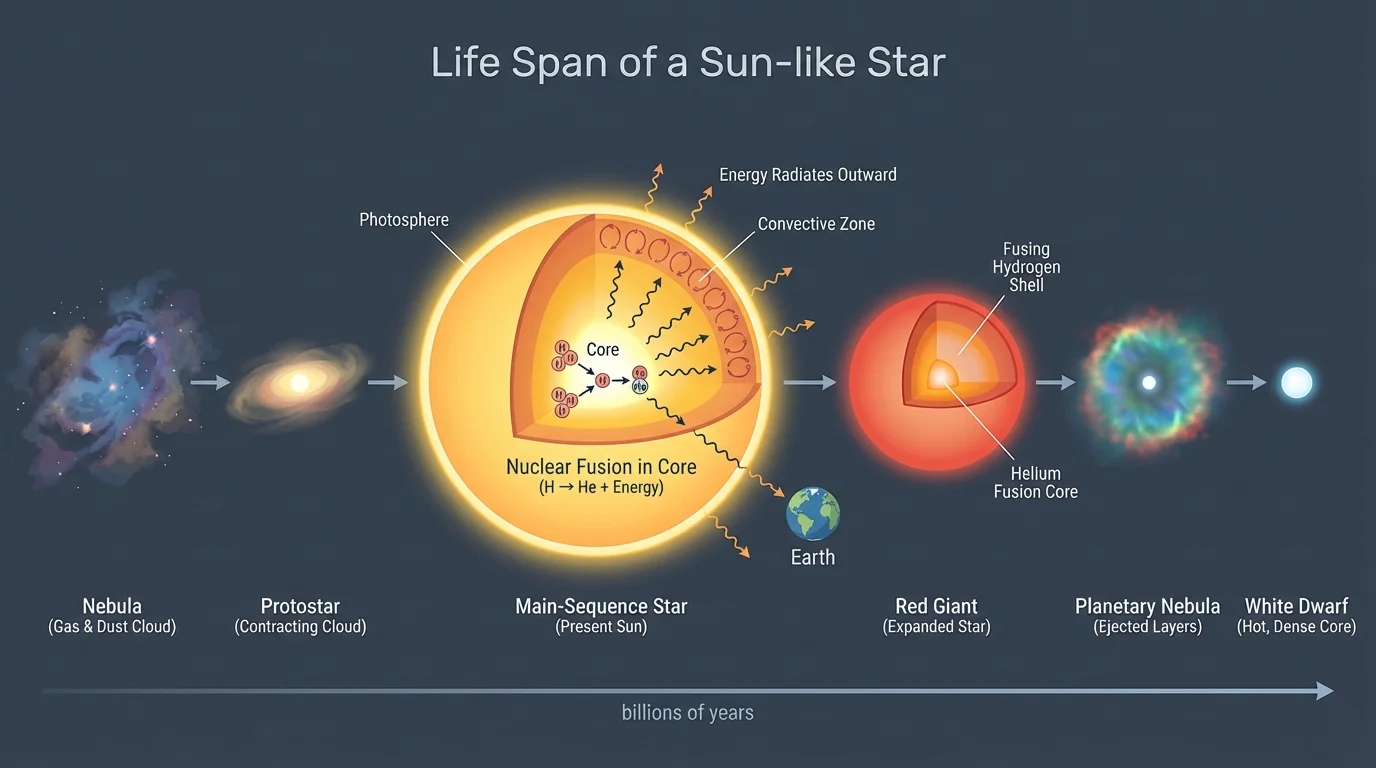 Timeline of a Sun-like star showing nebula, protostar, main-sequence star, red giant, planetary nebula, and white dwarf