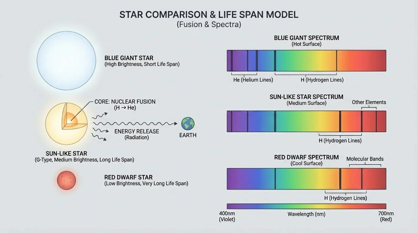 Comparison of stars with different colors and brightness alongside simplified spectra highlighting hydrogen and helium lines