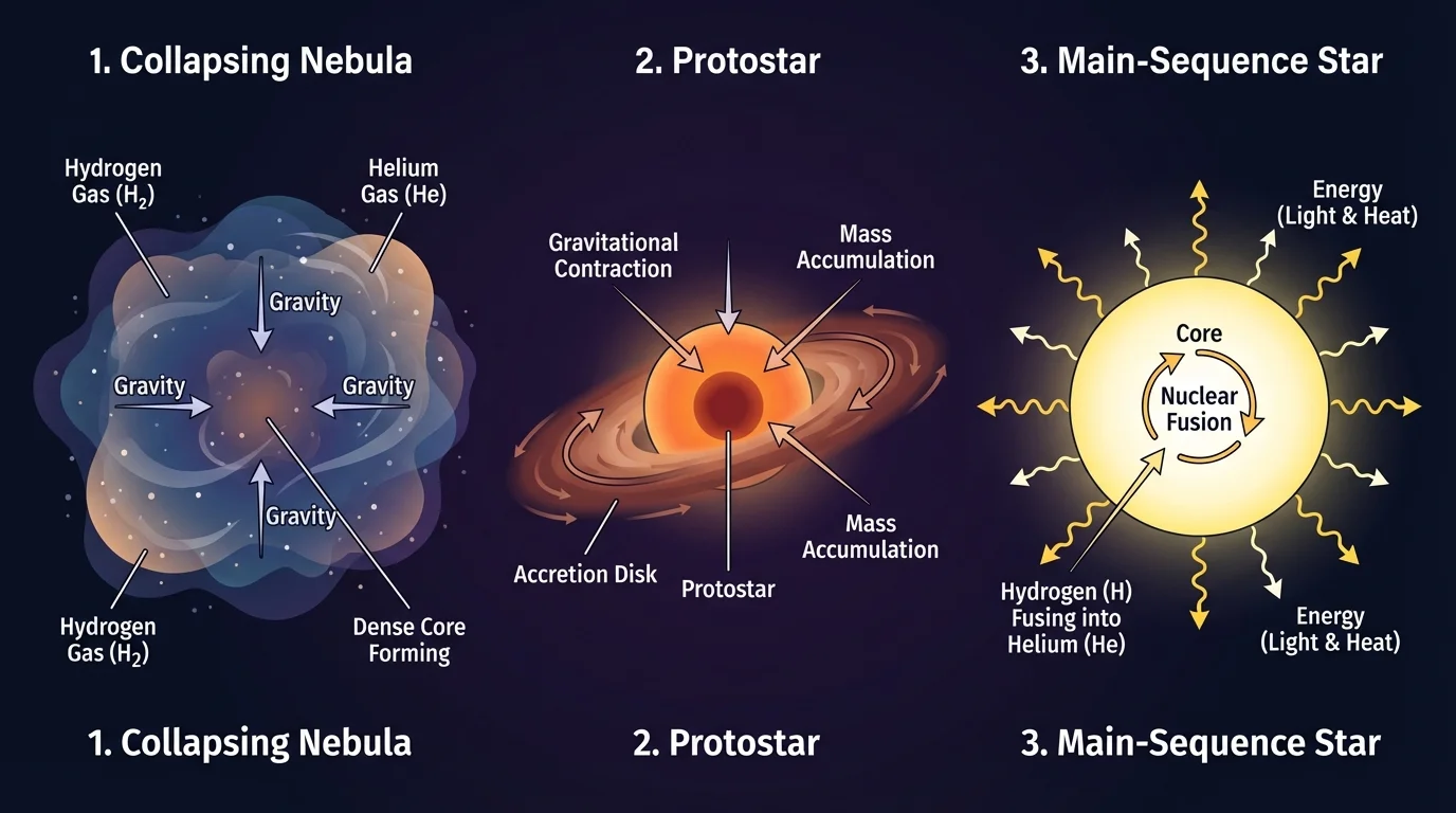 Sequence of a collapsing nebula forming a protostar and then a main-sequence star with core fusion beginning
