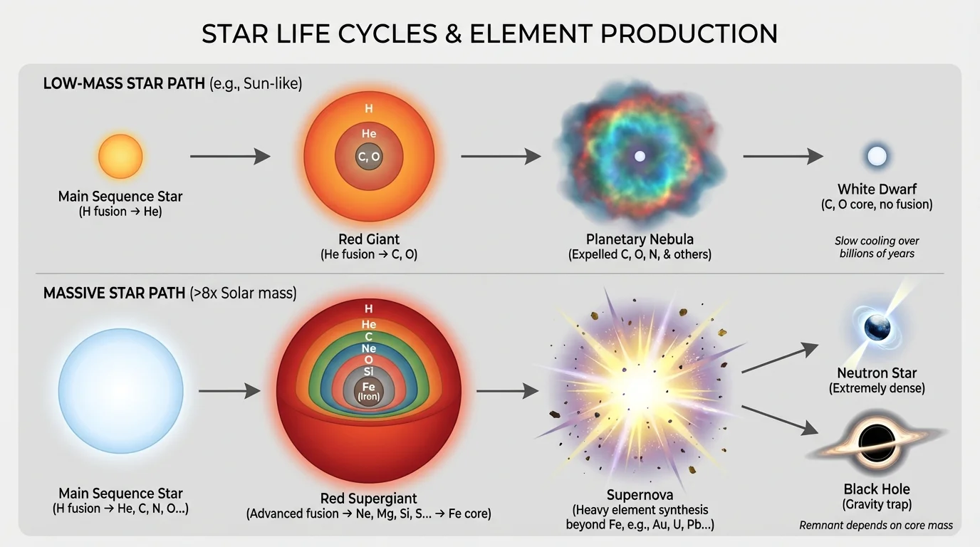 Comparison of low-mass star path to red giant, planetary nebula, white dwarf and massive star path to supergiant, supernova, neutron star or black hole