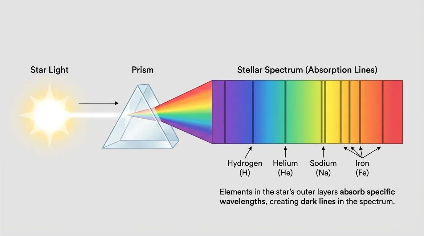 Star light passing through a prism or spectrograph to form a rainbow spectrum with labeled absorption lines for hydrogen, helium, sodium, and iron