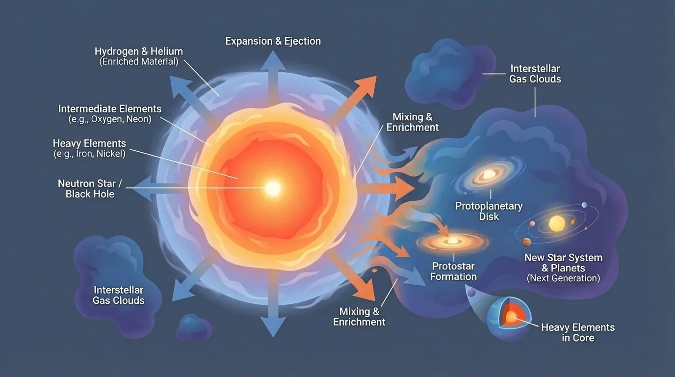 Expanding supernova remnant enriching nearby gas clouds that later form new stars and planets
