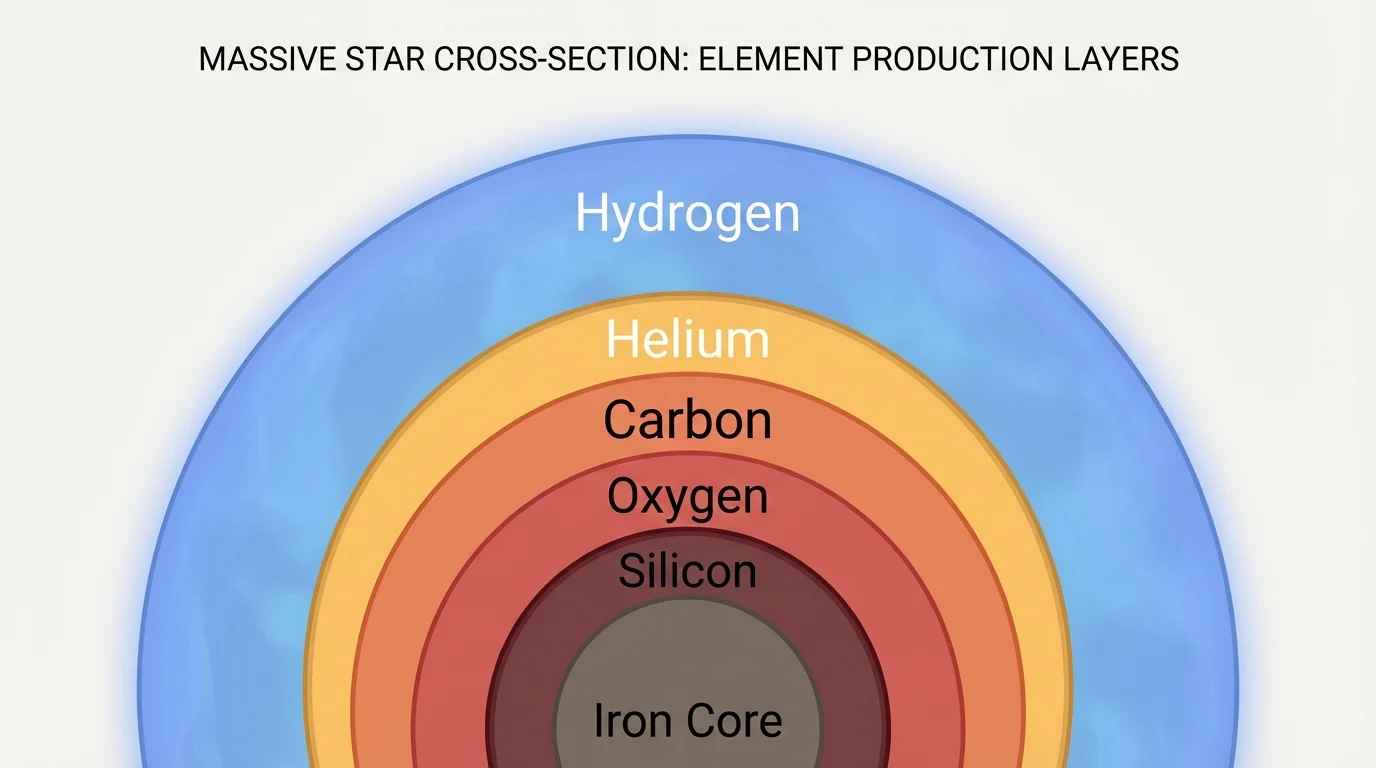 Cutaway diagram of a massive star with labeled shells for hydrogen, helium, carbon, oxygen, silicon, and an iron core
