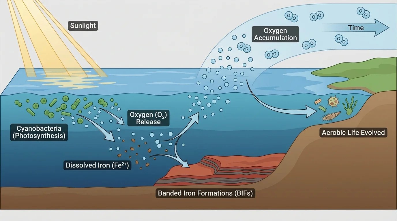 Sunlight to cyanobacteria in shallow ocean, oxygen released into ocean, iron oxidation forming banded iron layers, then oxygen accumulating in atmosphere and enabling new organisms