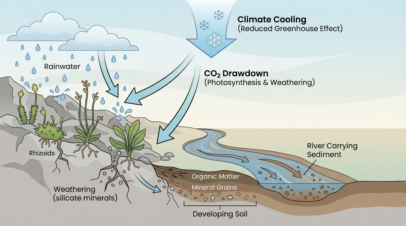 Early land plants growing on rocky ground with rainwater weathering minerals, developing soil, rivers carrying sediment, and arrows indicating carbon dioxide drawdown and climate cooling