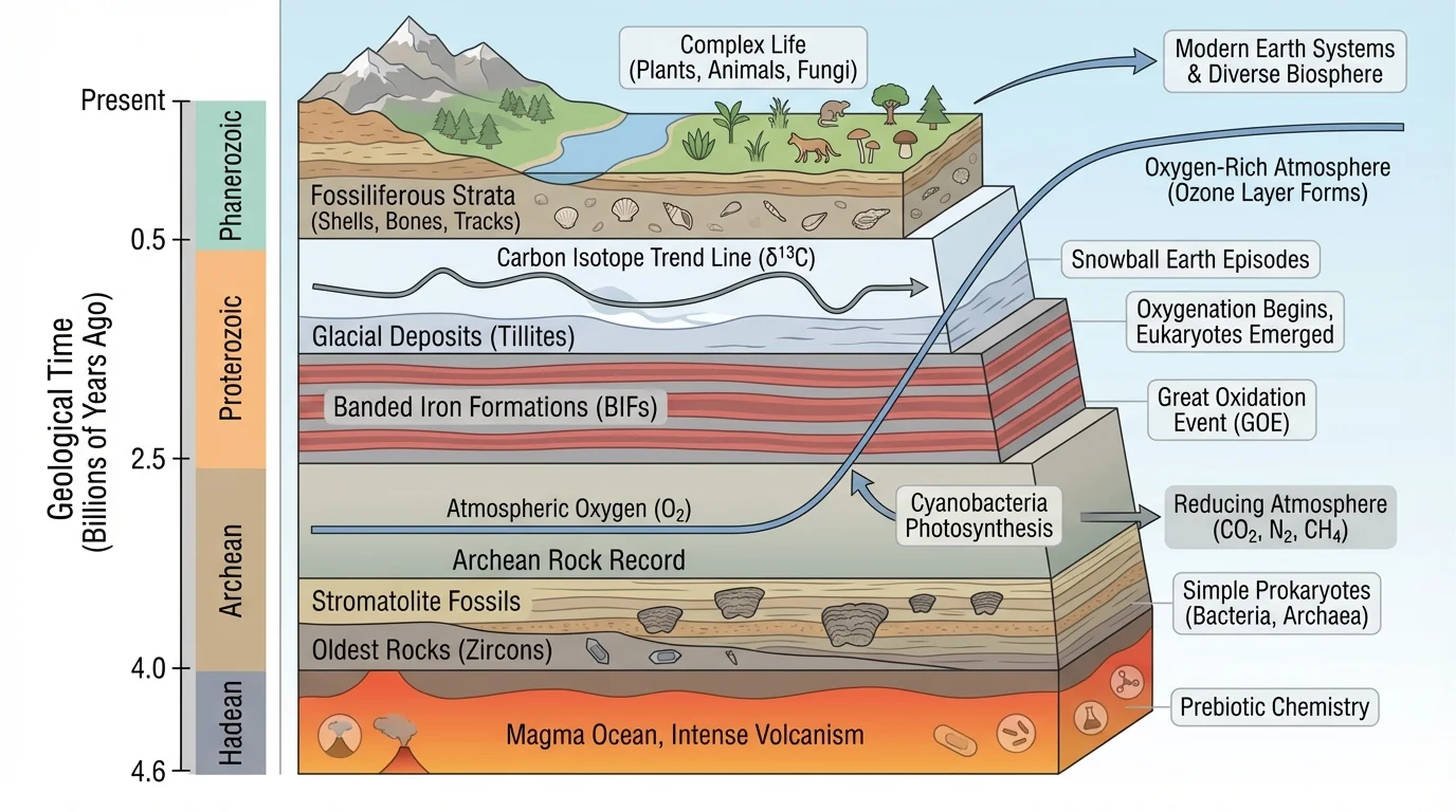 Rock record chart with layered strata, fossils, banded iron formations, isotope trend line, and glacial deposits aligned to a timeline of atmospheric and biological change
