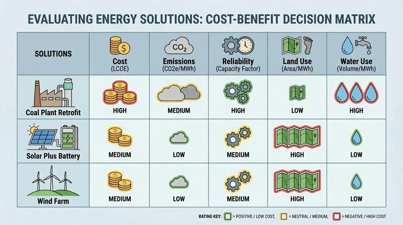 decision matrix comparing coal plant retrofit, solar plus battery, and wind farm across cost, emissions, reliability, land use, and water use with simple rating symbols