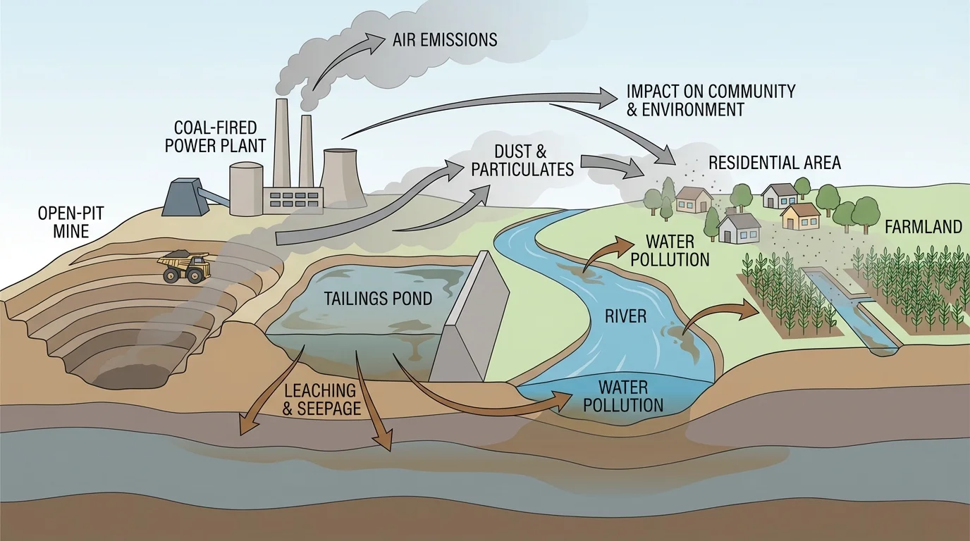mine pit and nearby power plant with tailings pond, river, homes, farmland, and arrows showing dust, water pollution, and emissions pathways