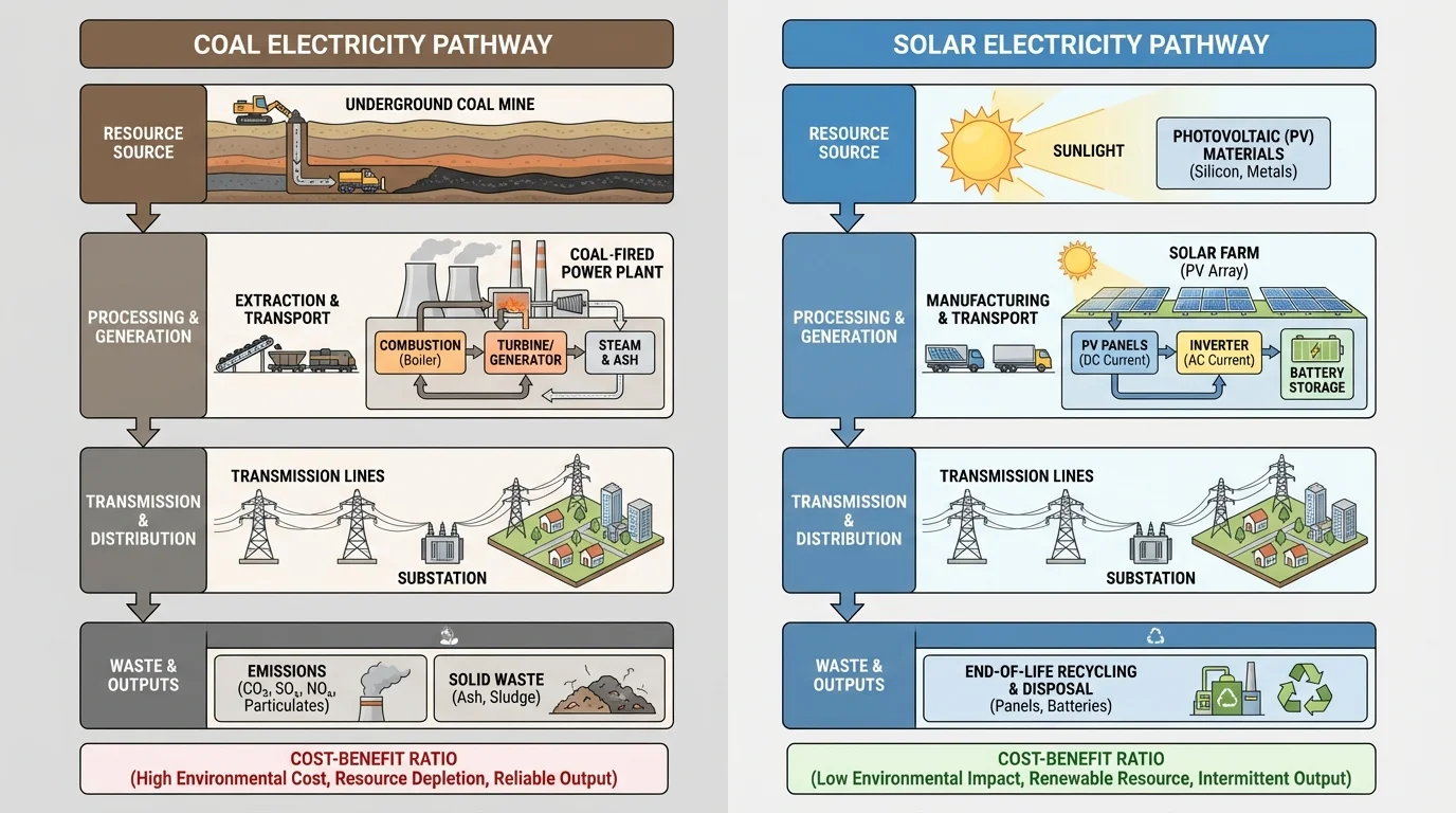 side-by-side flowchart comparing coal electricity pathway and solar electricity pathway from resource source through processing, generation, transmission, and waste outputs