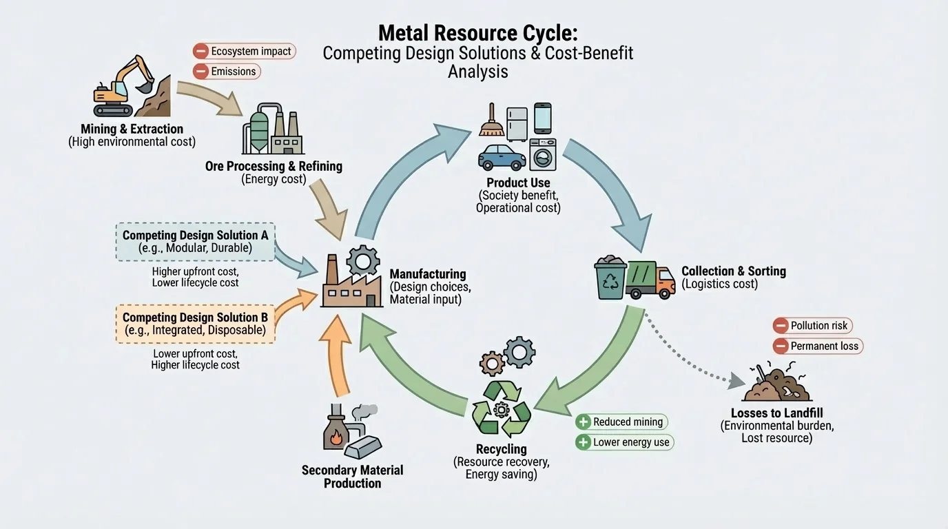 circular metal resource cycle showing mining, ore processing, manufacturing, product use, collection, recycling, and losses to landfill