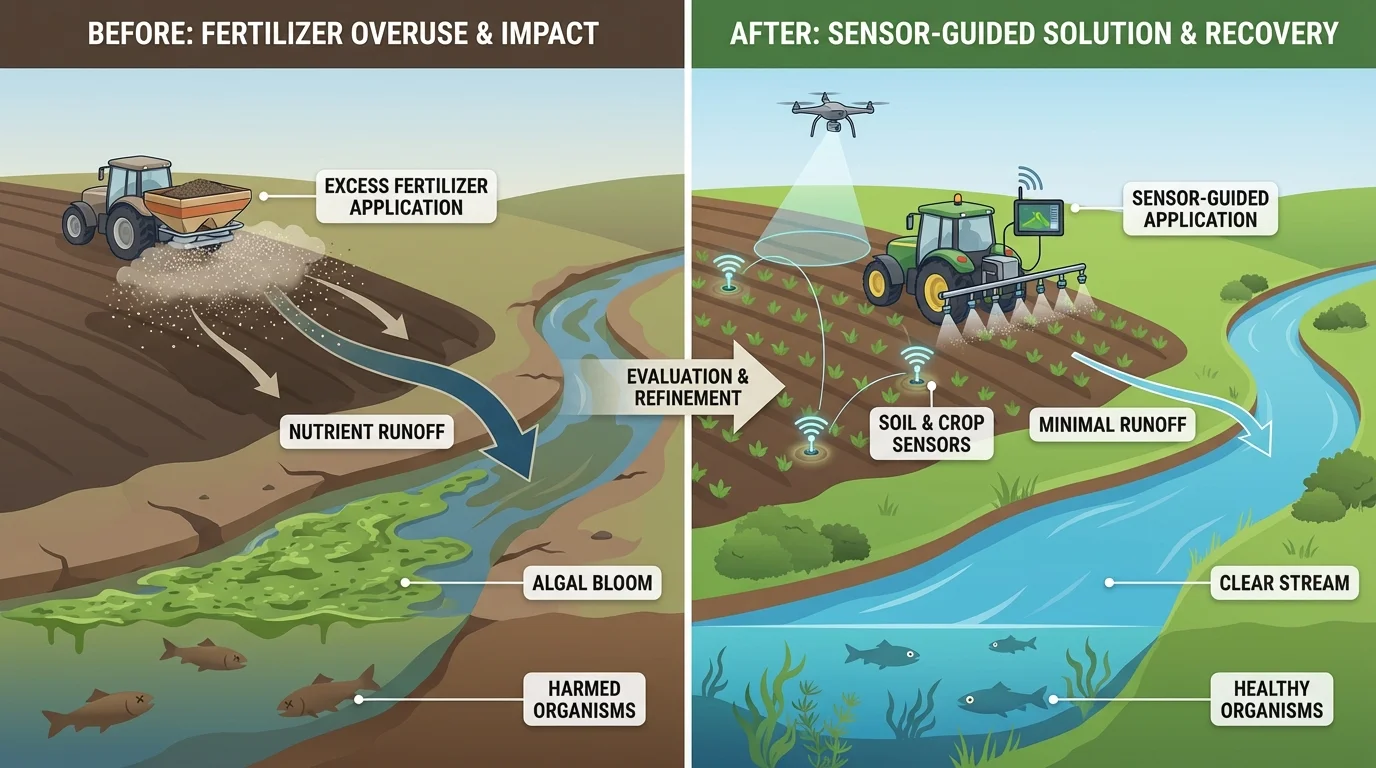 fertilizer overuse leading to runoff and algal bloom, followed by redesigned sensor-guided fertilizer application reducing runoff and protecting stream organisms