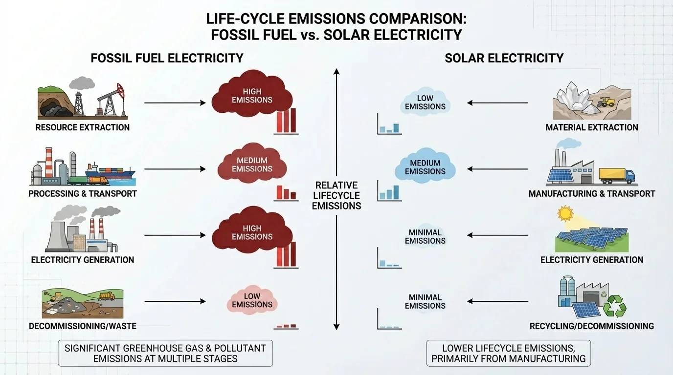 life-cycle comparison of fossil fuel electricity and solar electricity showing stages from resource extraction to electricity generation and relative emissions at each stage