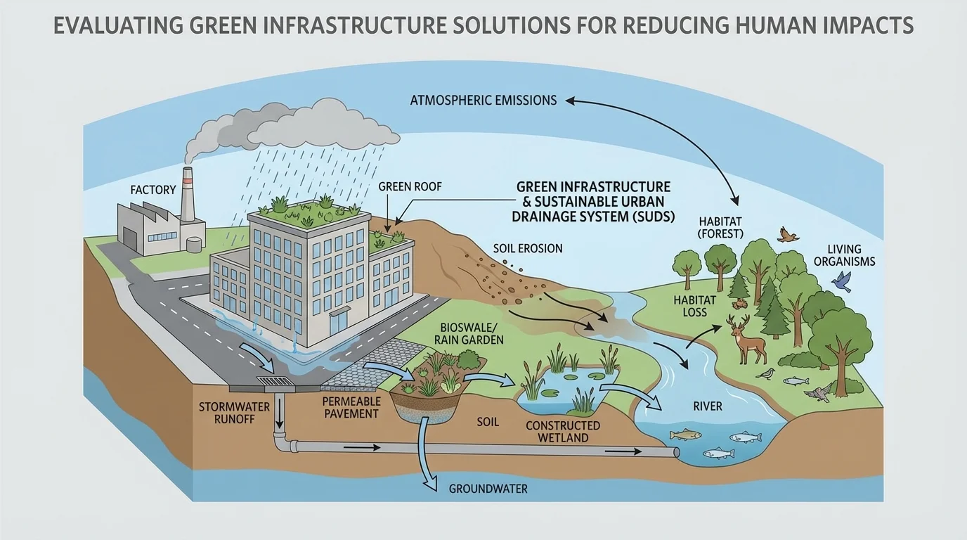watershed and city showing factory emissions to air, stormwater runoff to river, soil erosion from bare land, and habitat loss with arrows linking atmosphere, water, soil, and living organisms