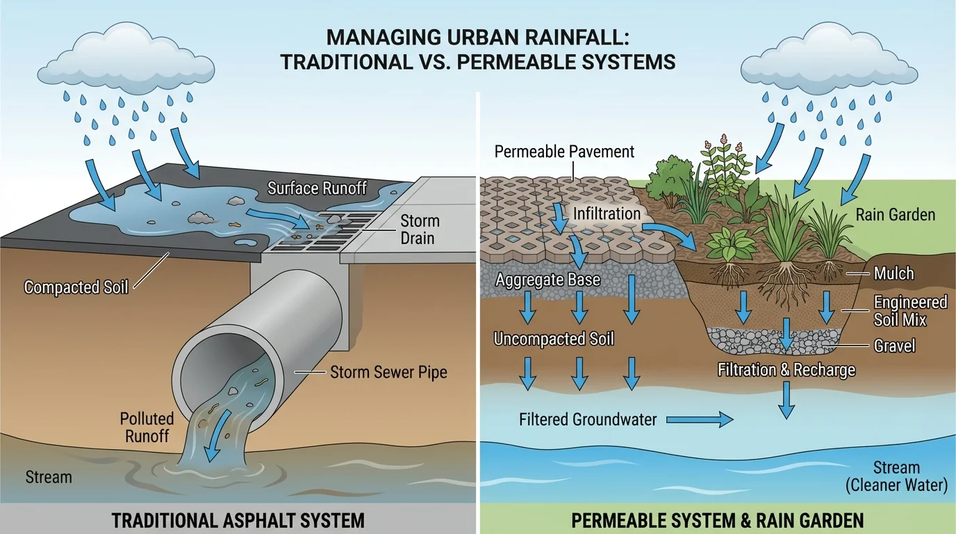 comparison of rainfall on asphalt with runoff to storm drain versus rainfall on permeable pavement and rain garden with infiltration into soil and cleaner water entering stream
