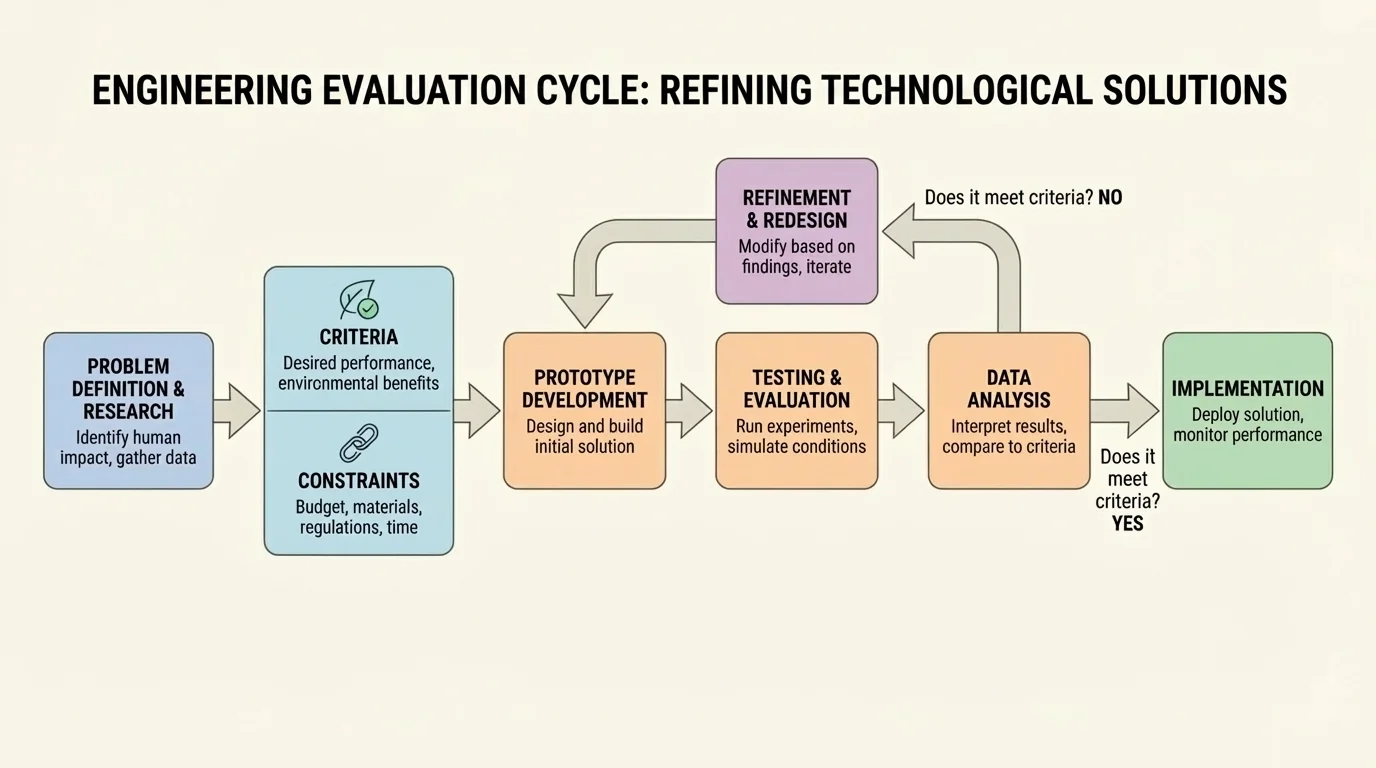 engineering evaluation cycle with boxes for problem, criteria, constraints, prototype, testing, data analysis, refinement, and implementation connected by arrows