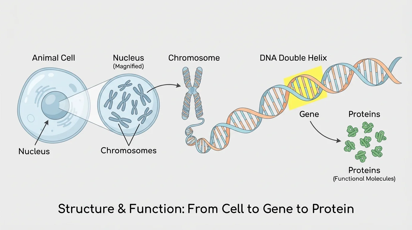Labeled diagram showing a cell nucleus, one chromosome, the DNA double helix, and a highlighted gene segment