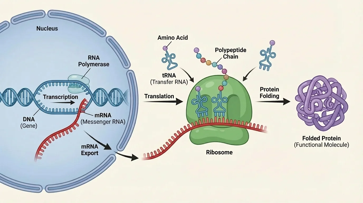 Flowchart showing transcription in the nucleus and translation at a ribosome producing a folded protein