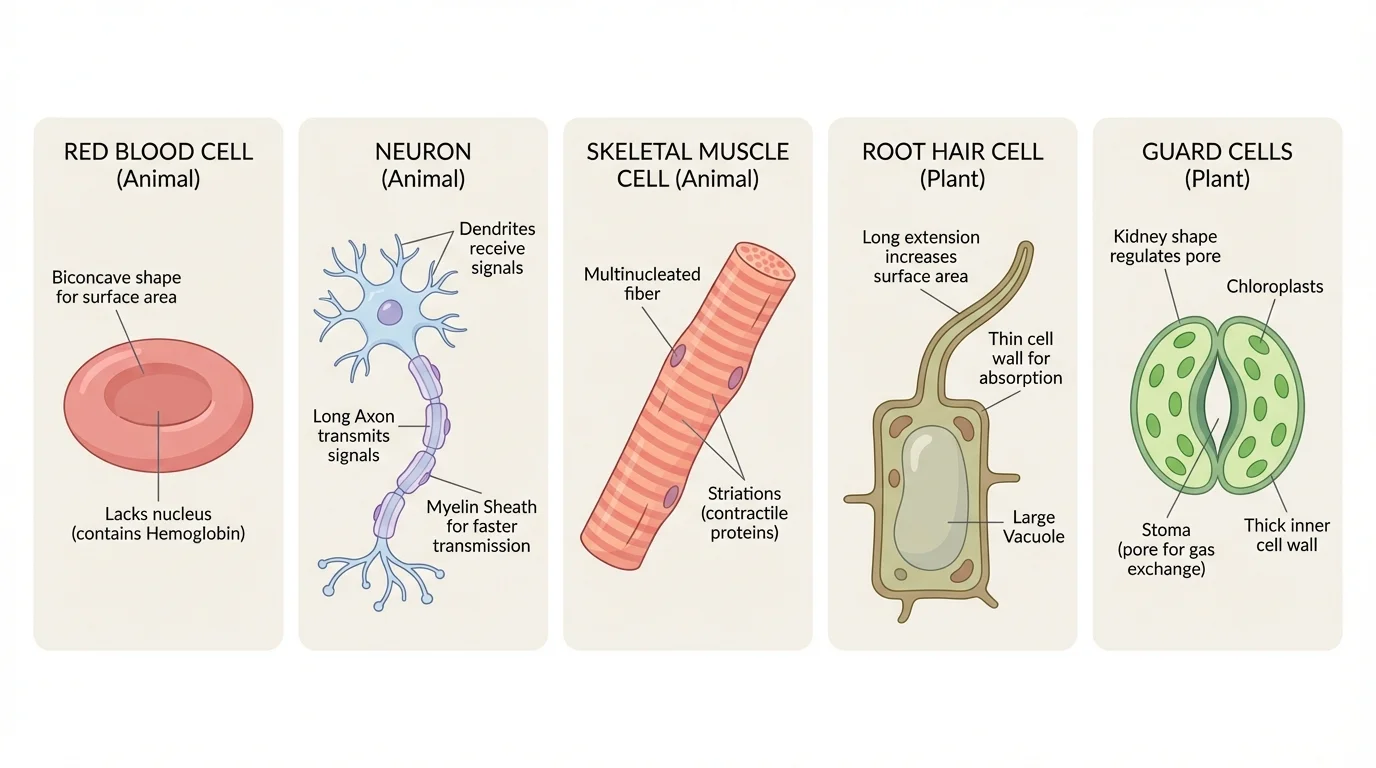 Comparison chart showing red blood cell, neuron, skeletal muscle cell, root hair cell, and guard cells with simple labels for key structural adaptations