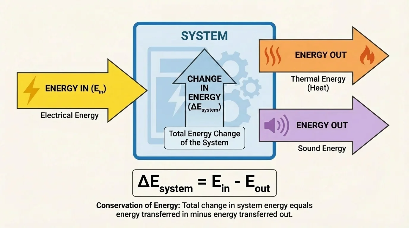 Box diagram of a system with boundary, showing energy entering as electrical energy and leaving as thermal and sound energy