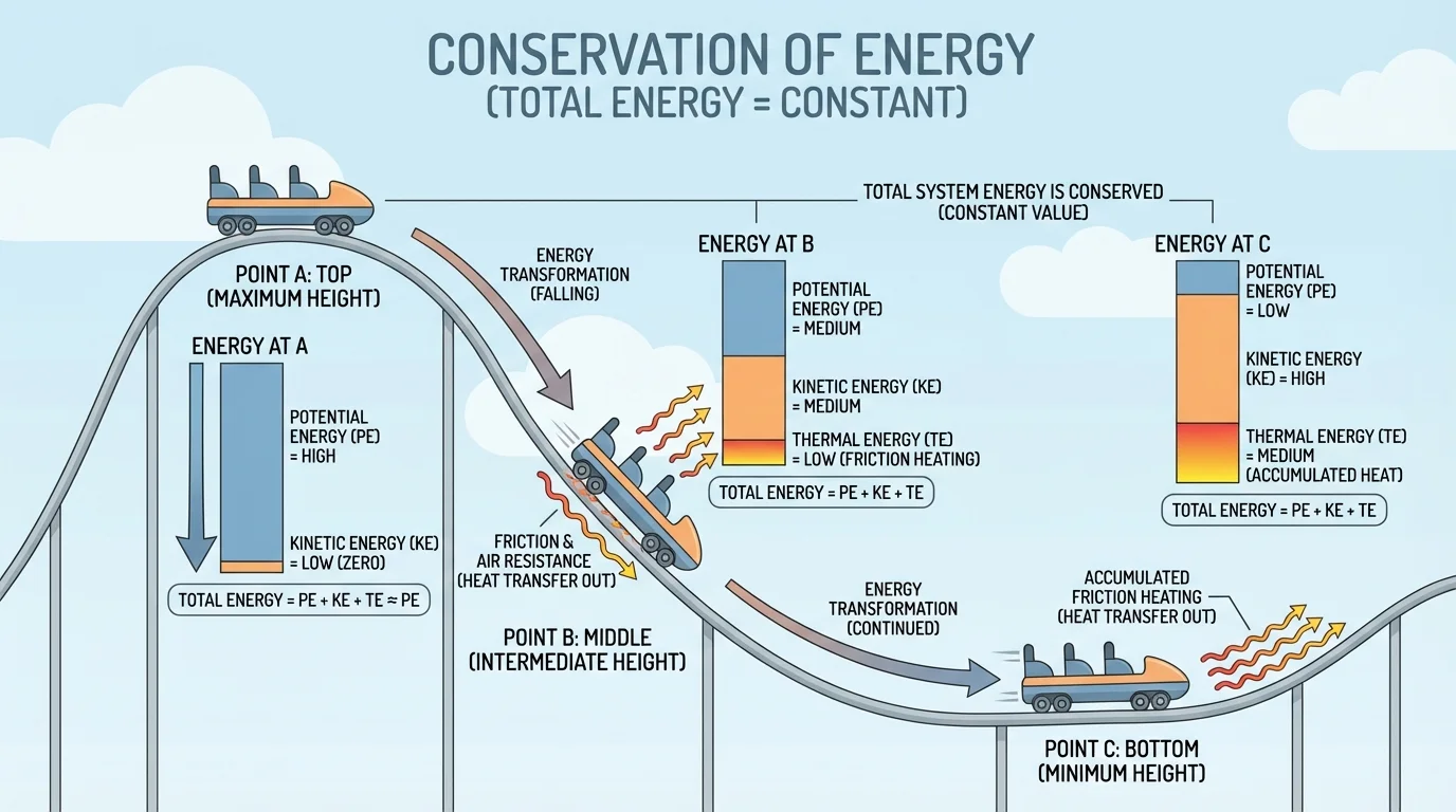 Roller coaster at top, middle, and bottom of track with arrows showing changing energy stores and friction heating