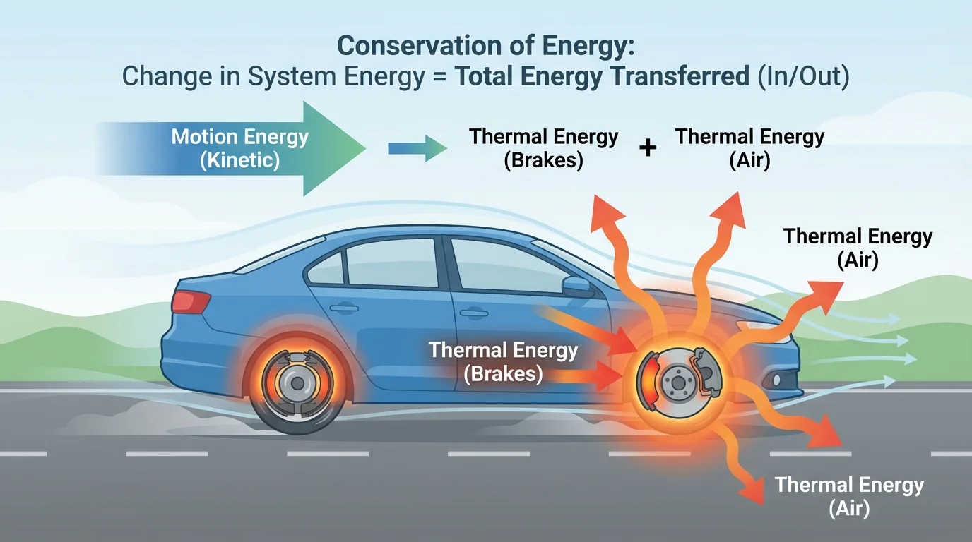 Car braking with motion energy changing into thermal energy in brake pads and surrounding air