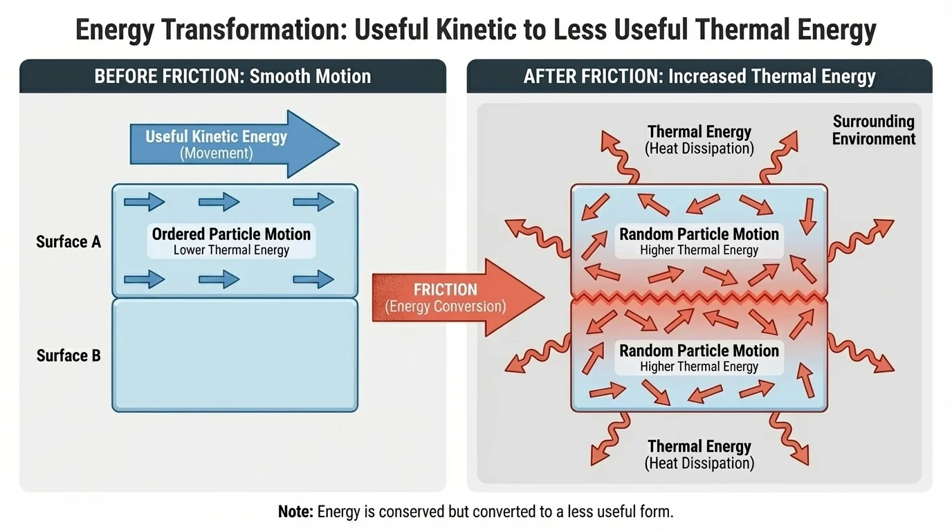 Diagram comparing smooth motion before friction and faster random particle motion after friction at contacting surfaces