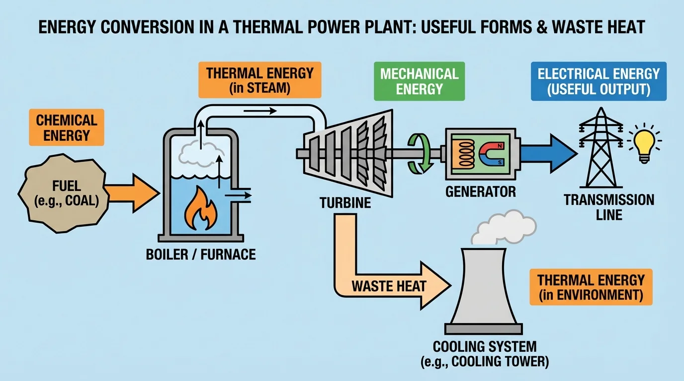 Flowchart of a thermal power plant showing chemical energy in fuel, thermal energy in steam, mechanical energy in turbine, electrical energy in generator, and waste heat to cooling system