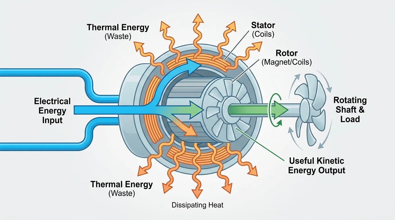 Diagram of an electric motor with electrical energy input, useful kinetic energy output, and thermal energy spreading to the surroundings