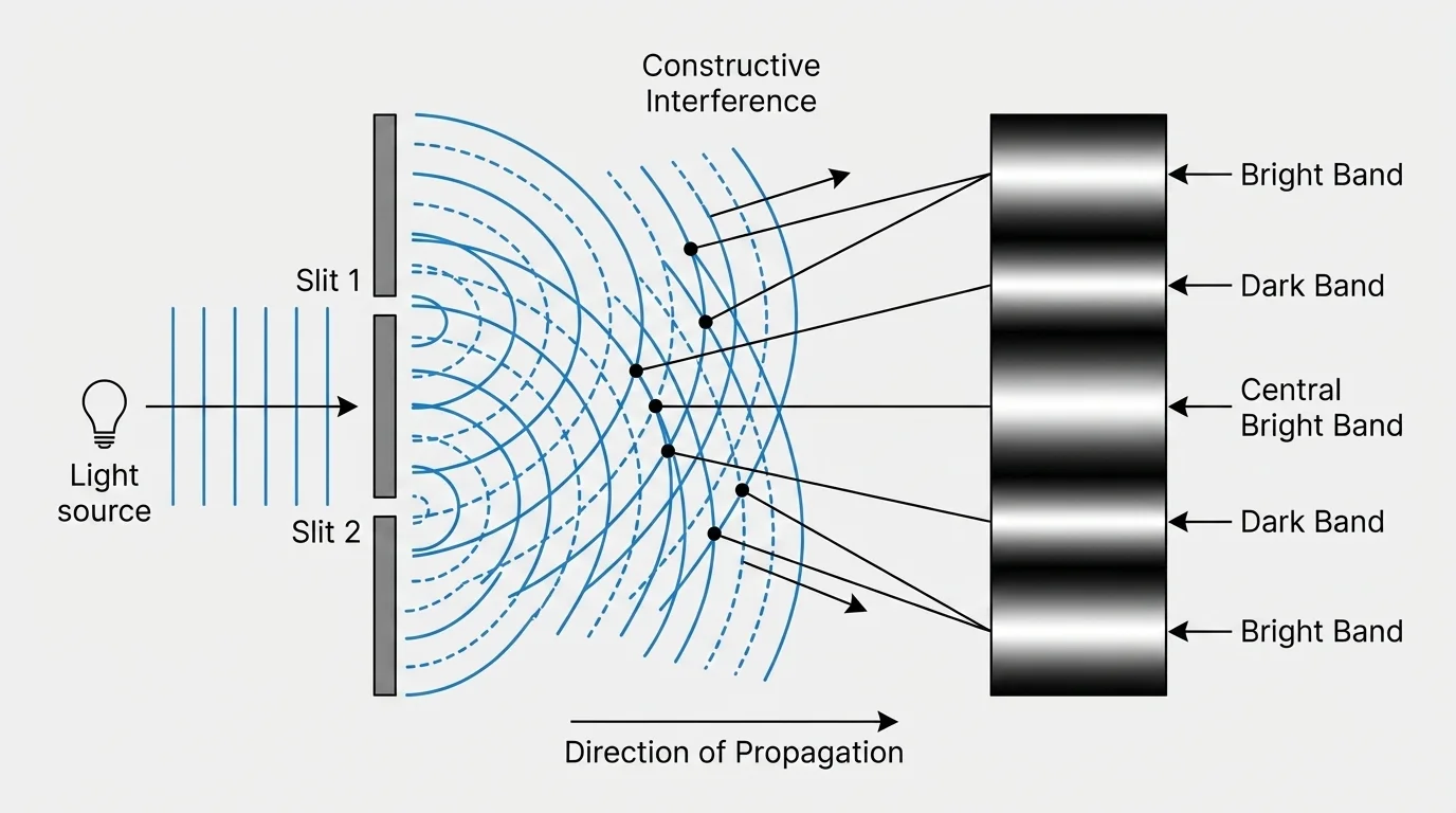 Two light waves overlapping to show constructive and destructive interference, leading to bright and dark bands on a screen