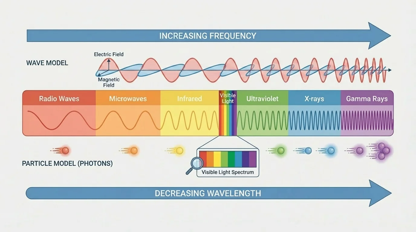 Electromagnetic spectrum from radio waves to gamma rays with visible light shown as a narrow band, arrows for decreasing wavelength and increasing frequency