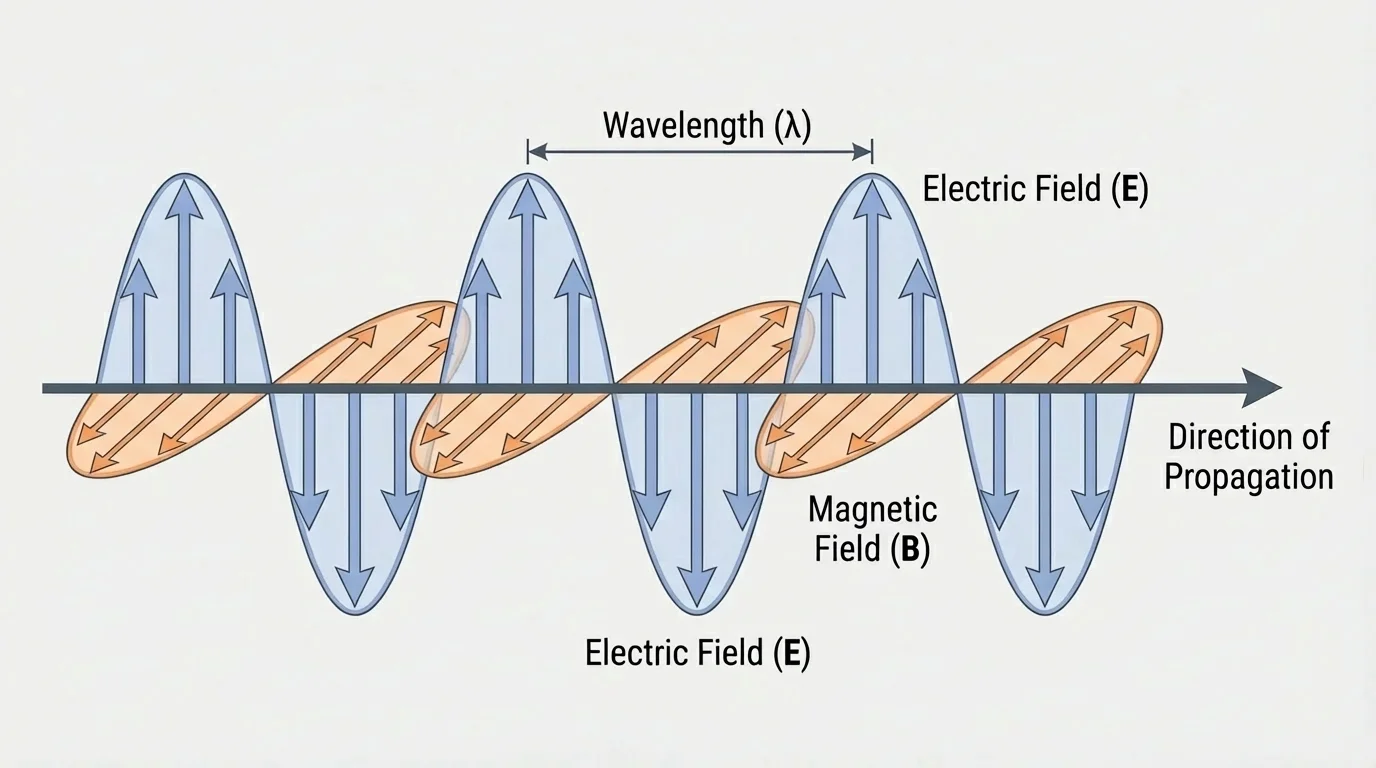 Labeled electromagnetic wave with electric field oscillating up and down, magnetic field oscillating side to side, and wave traveling horizontally forward