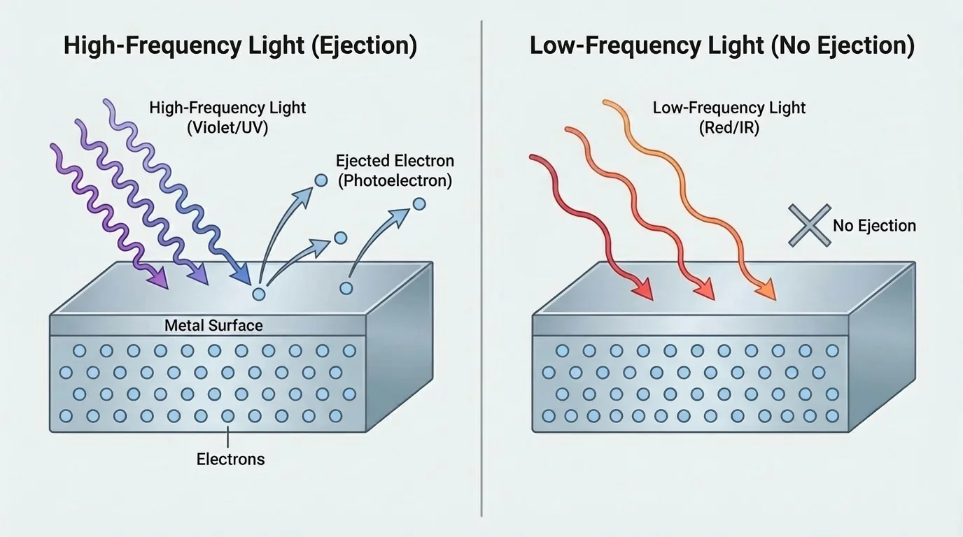 Photoelectric effect with high-frequency light ejecting electrons from a metal surface and low-frequency light not ejecting electrons