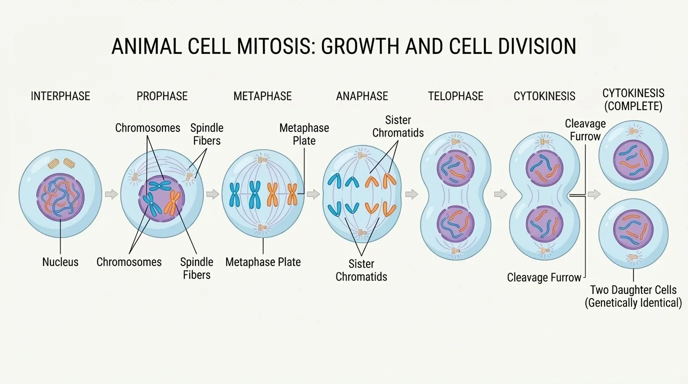 labeled animal cell sequence showing interphase, prophase, metaphase, anaphase, telophase, and cytokinesis, with chromosomes and spindle fibers clearly indicated