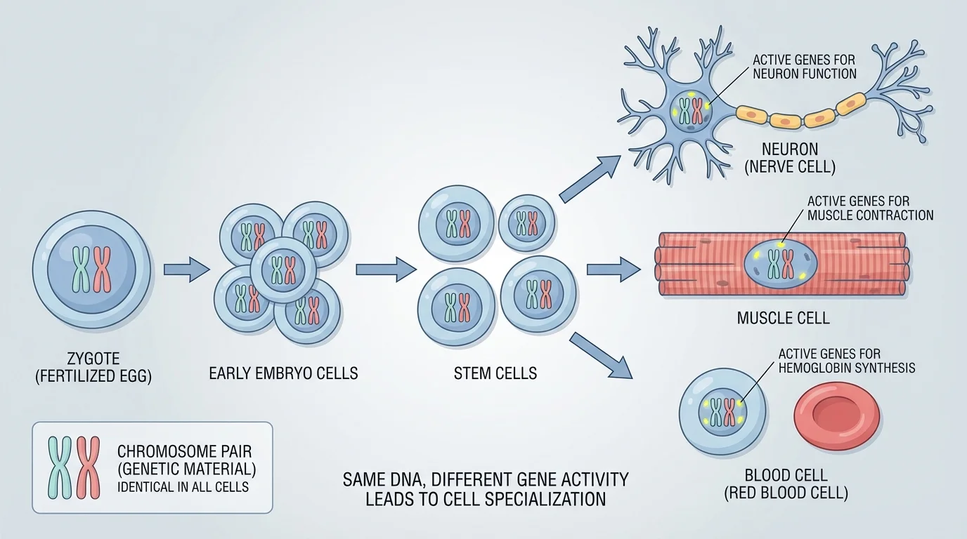branching developmental diagram from zygote to early embryo cells to stem cells to specialized cells including neuron, muscle cell, and blood cell, indicating same DNA but different gene activity