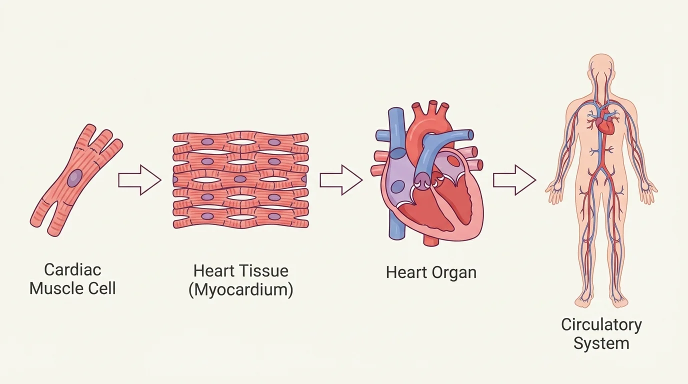 hierarchical biological organization using the heart example, showing cardiac muscle cell to heart tissue to heart organ to circulatory system, with arrows indicating increasing complexity