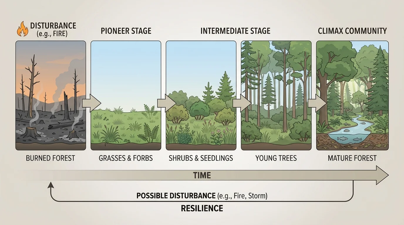 Sequence of burned forest recovering to grasses, shrubs, young trees, and mature forest