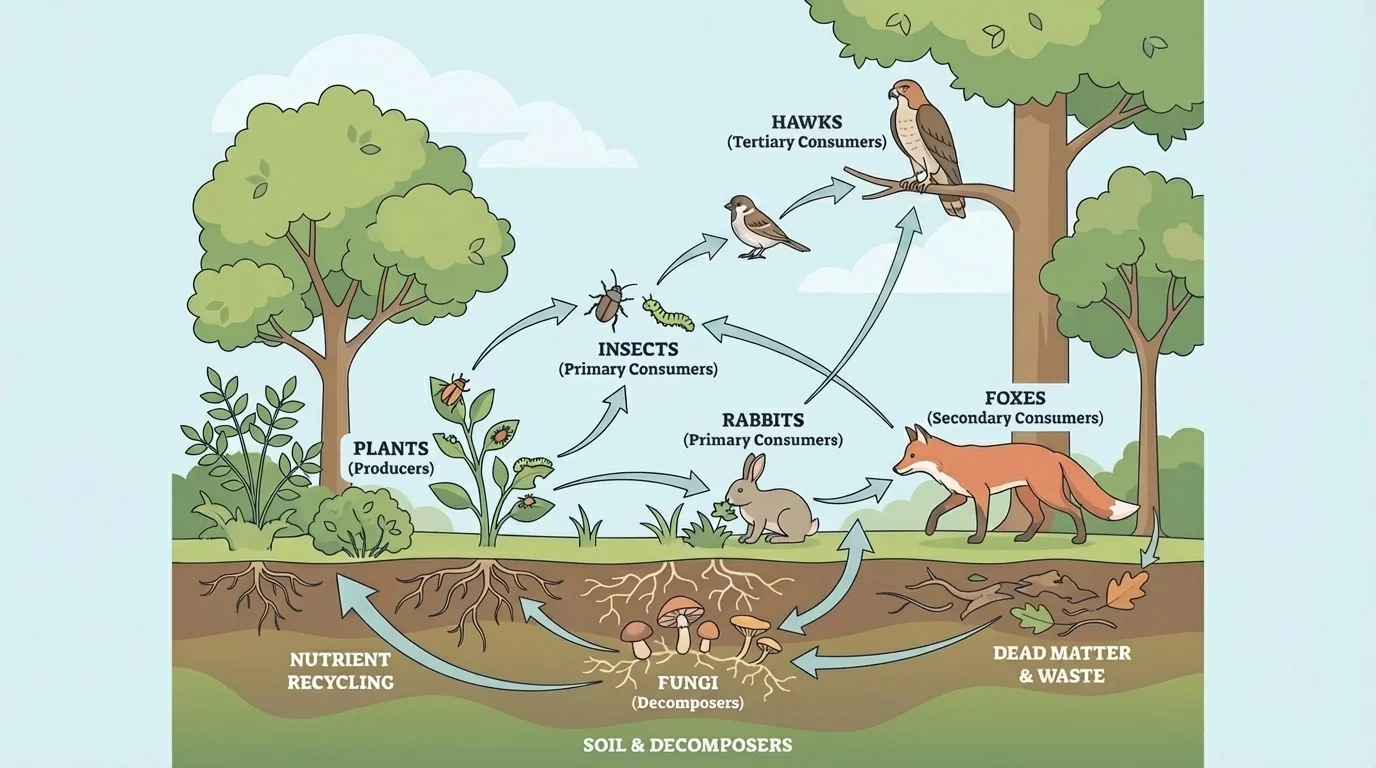 Temperate forest food web with plants, insects, rabbits, foxes, hawks, fungi, and nutrient recycling arrows