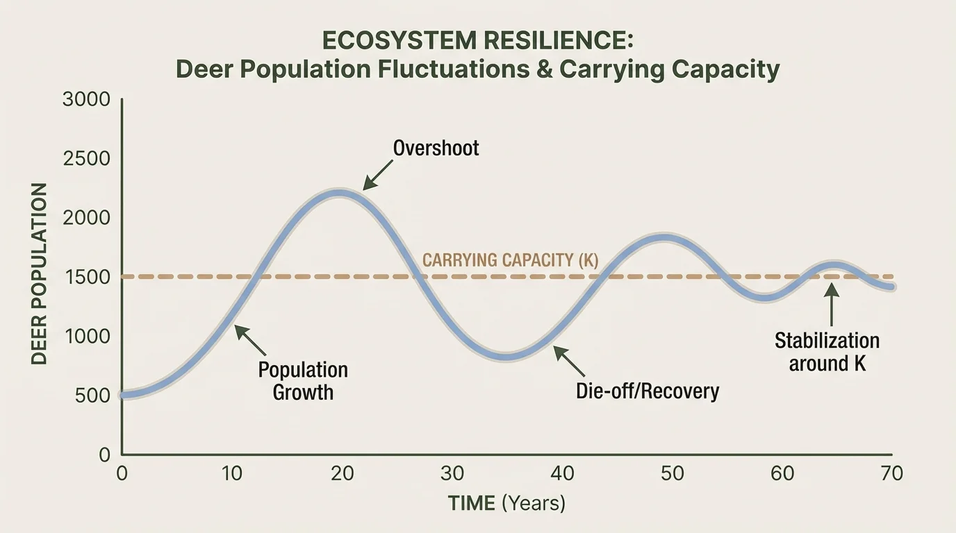 Graph showing deer population rising and falling over time around a carrying-capacity line