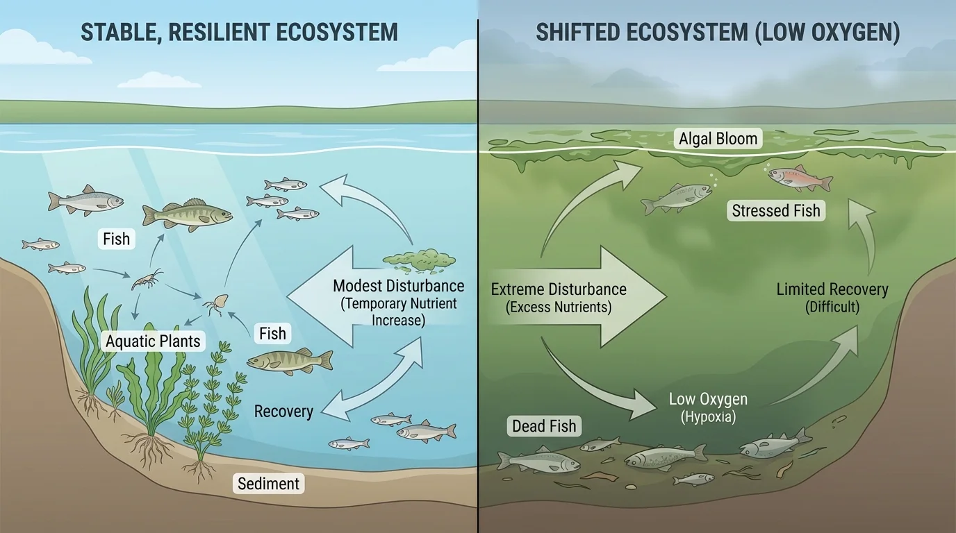 Side-by-side lake states, one clear with aquatic plants and fish, one green with algal bloom and low oxygen