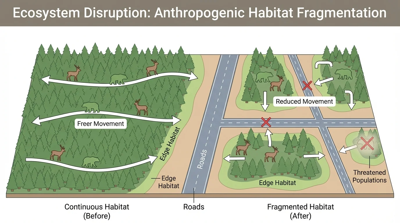 Forest landscape changing from one large habitat patch to roads and smaller fragments, with arrows showing reduced animal movement and labeled edge habitat