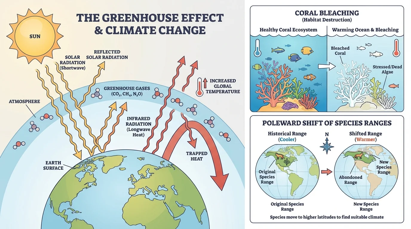 Diagram of sunlight entering Earth system, heat trapped by greenhouse gases, plus side panels showing coral bleaching and poleward movement of species ranges