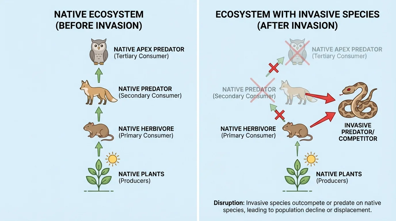 Simplified food web comparing native species interactions before invasion and after an invasive predator or competitor enters