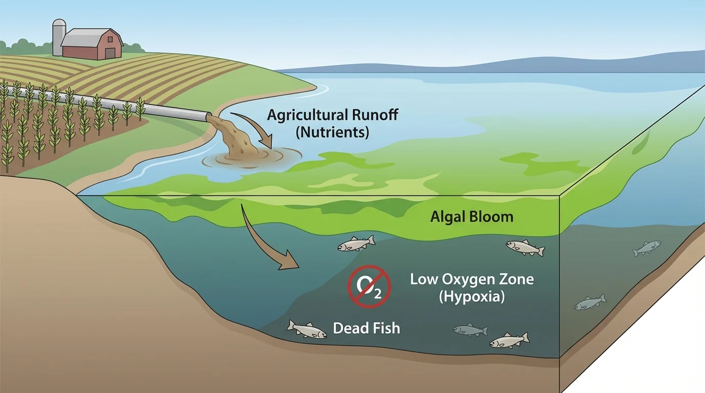 Lake cross-section showing farm runoff entering water, algal bloom at surface, low oxygen zone below, and dead fish
