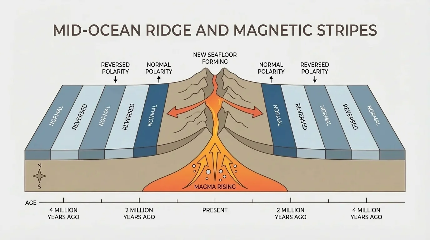 Mid-ocean ridge with magma rising, new seafloor forming, and symmetrical alternating magnetic stripes of normal and reversed polarity on both sides