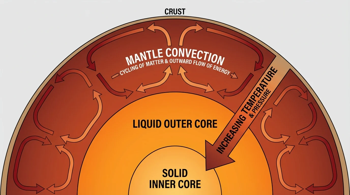 Labeled Earth cross-section showing crust, mantle, liquid outer core, and solid inner core with arrows indicating increasing temperature and pressure toward the center