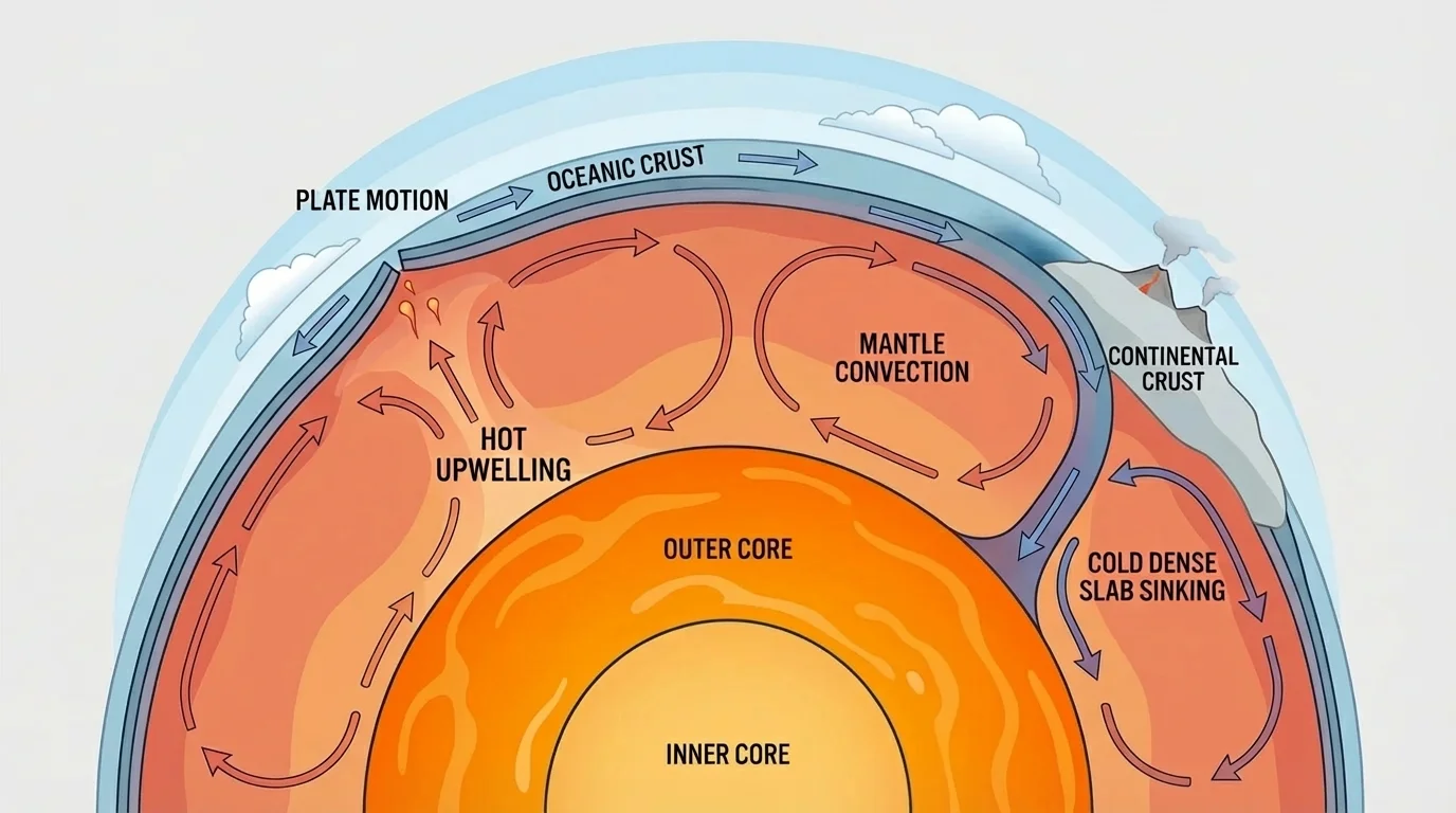 Mantle convection beneath tectonic plates showing hot upwelling at a mid-ocean ridge, sideways plate motion, and cold dense slab sinking at a subduction zone
