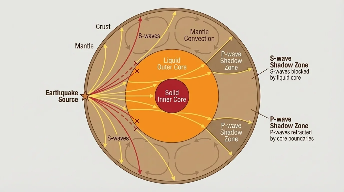 Cross-section of Earth showing an earthquake source, curved P-wave paths through layers, S-waves stopping at the liquid outer core, and labeled shadow zones on the far side of Earth