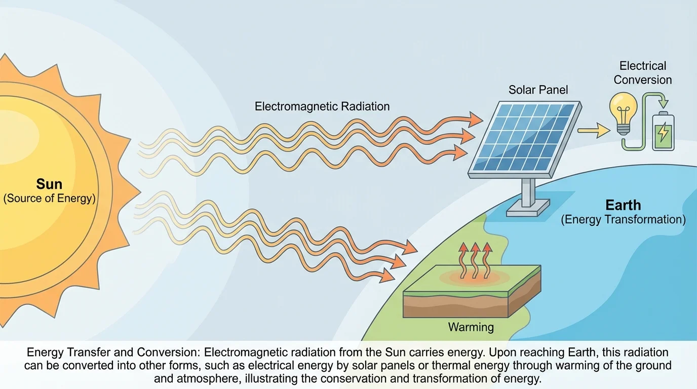The Sun emitting electromagnetic radiation toward Earth, with arrows reaching a solar panel and the ground to show electrical conversion and warming