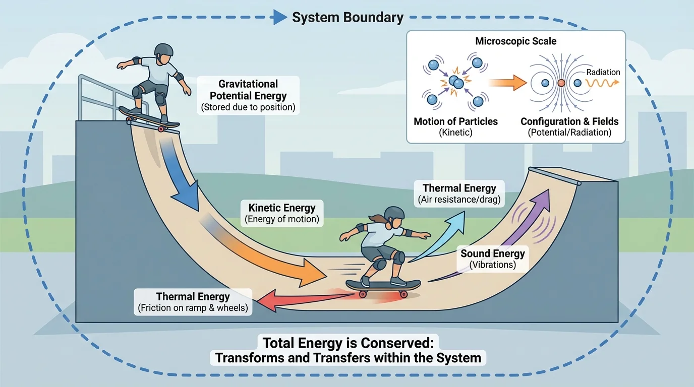 System boundary around a skateboarder on a ramp, with arrows showing gravitational energy changing to motion, plus energy transferred to wheels, air, sound, and thermal energy