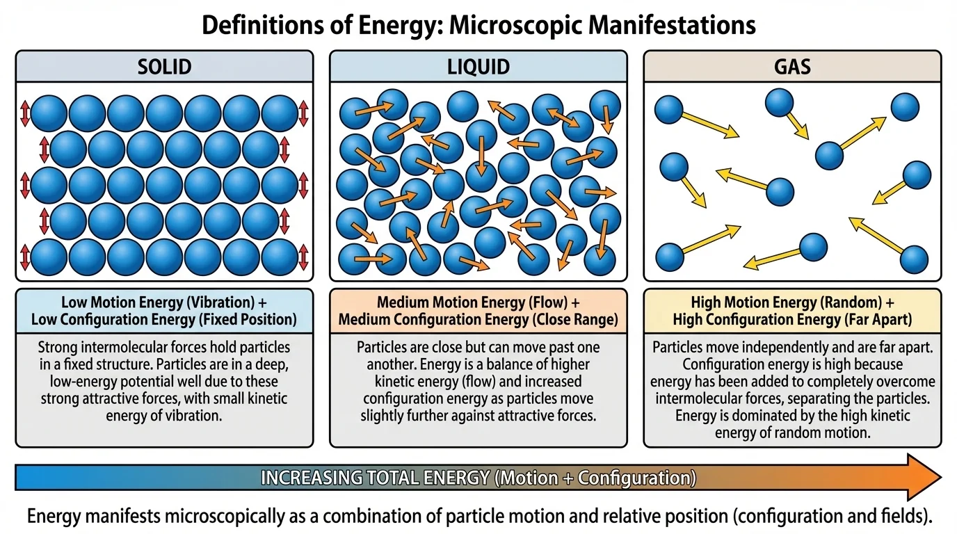 Comparison of particles in a solid, liquid, and gas, with short arrows for particle motion and different spacing to illustrate configuration and thermal energy